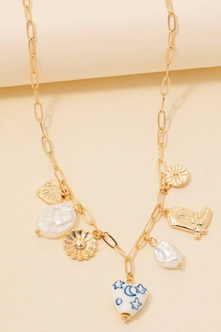 Heart Pearl And Floral Charms Chain Necklace