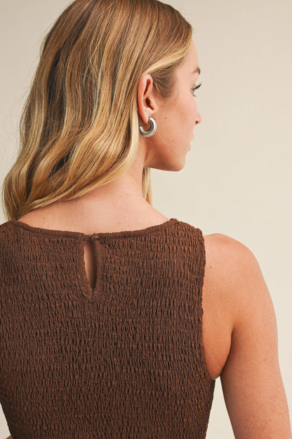 BROWN SMOCKED SLEEVELESS DRESS