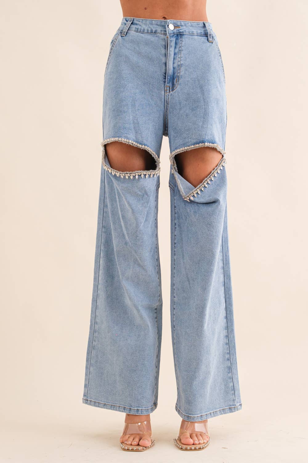 CUT OUT RHINESTONE DENIM JEANS