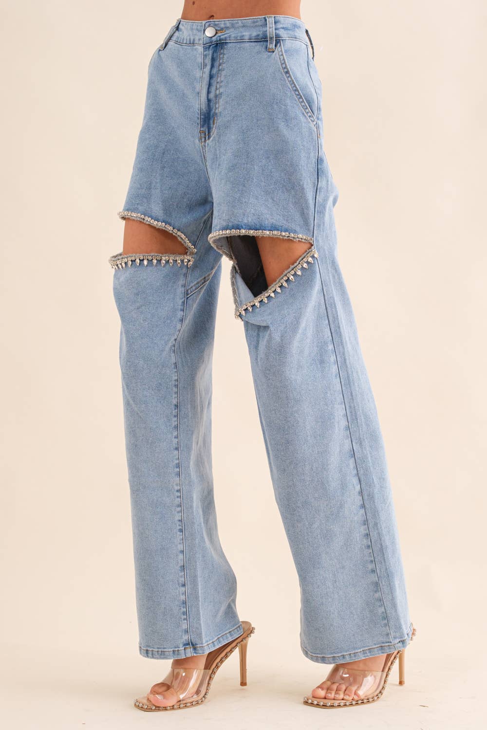 CUT OUT RHINESTONE DENIM JEANS
